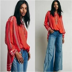 Free People Boho Metallic Shimmer Detail Yarn Dye Lurex Tunic Blouse w Pockets